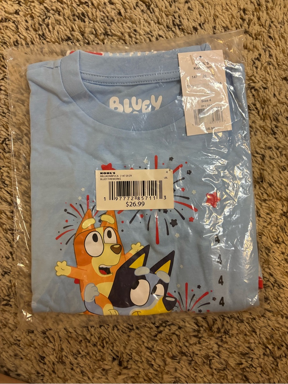 Bluey Bingo Girls Pajama Set Size 4 Fireworks 2 Piece NWT Sealed Kohl’s